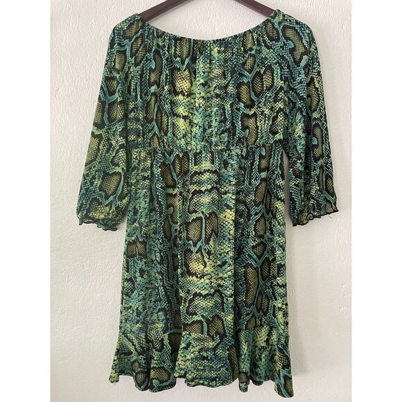 INC International Concepts Snake Print Green Y2K Mini Flounce Dress Sz Med Petit - Picture 9 of 12